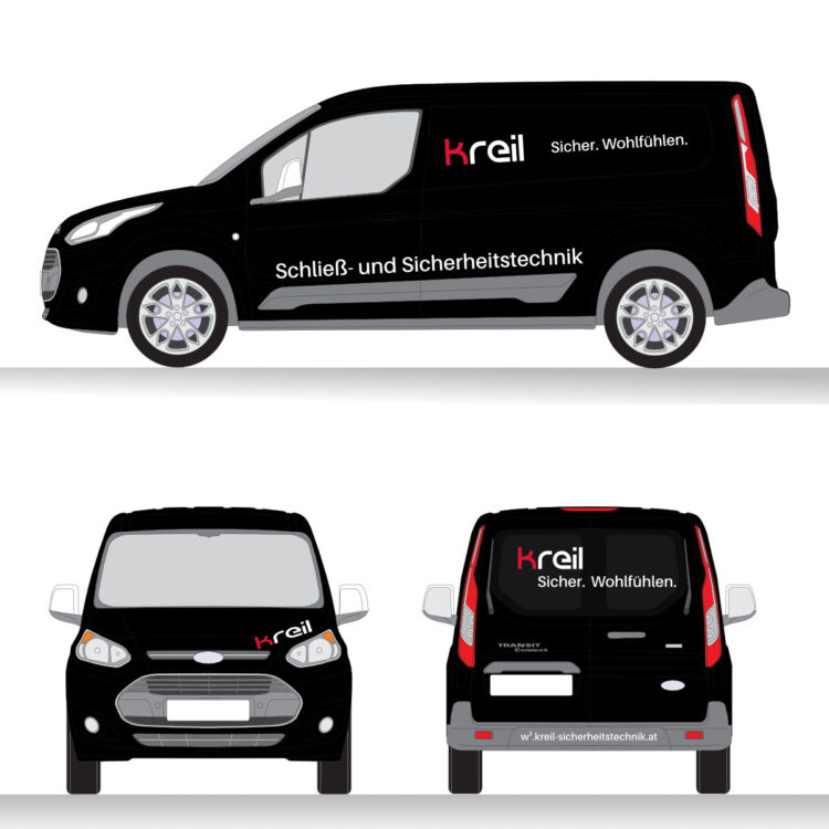 Kreil Auto Individuelles Corporate Design für Kreil Sicherheitstechnik mit Car-Design – Brand Design und Markenentwicklung von nu-art für Kunden in Vorarlberg und den DACH-Raum.