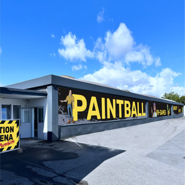aa2 Aussen-Fassade im Comic Stil für Paintball-Arena – Grafikdesign & Corporate Design von nu-art.at für Agenturen und Unternehmen in Österreich Deutschland und der Schweiz.